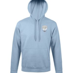 Official Attica Rugby sky blue hoodie with embroidered crest and kangaroo pocket
